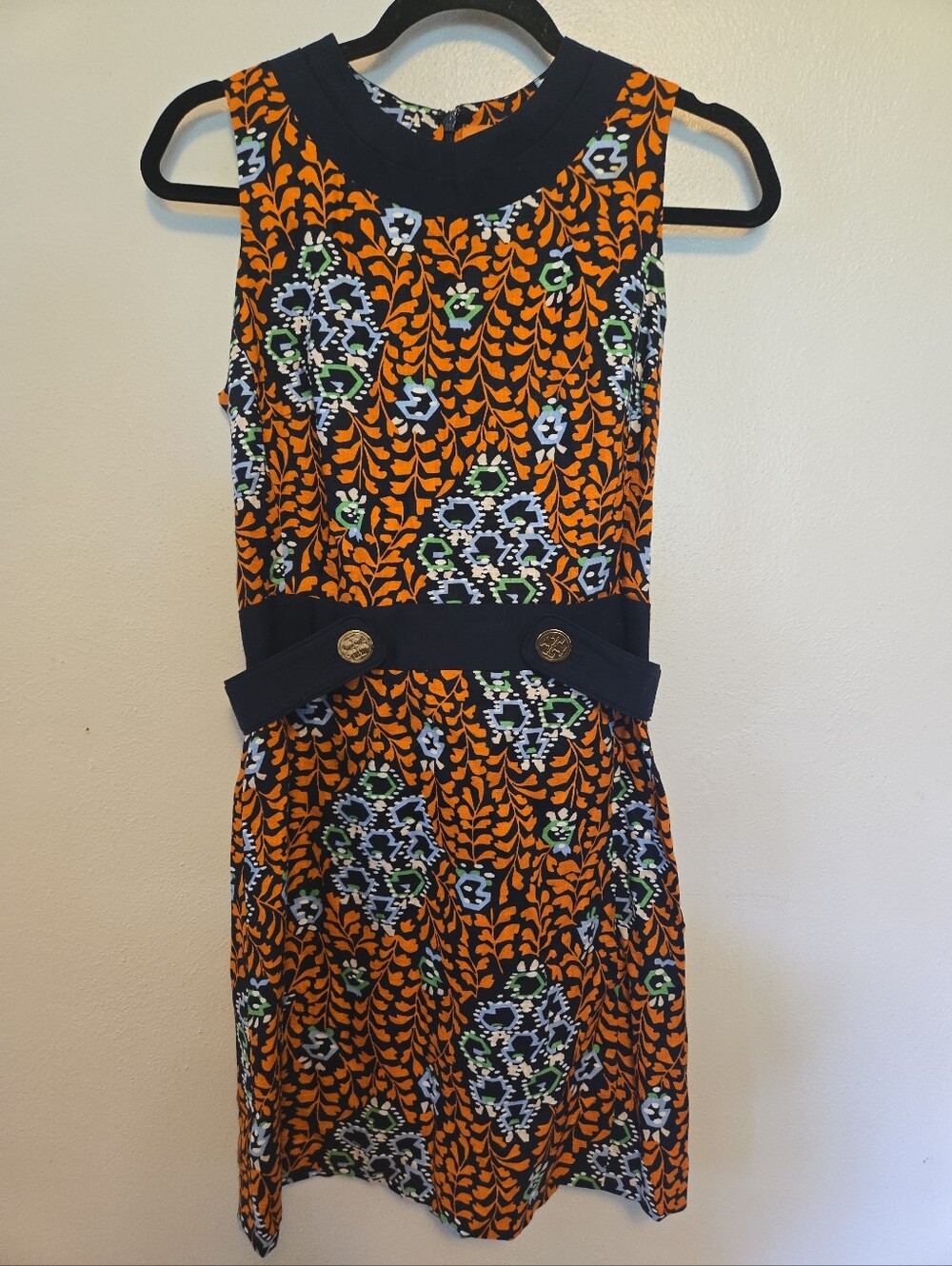 Tory Burch 100% Linen Printed Sleeveless Dress Short Navy Orange 8
